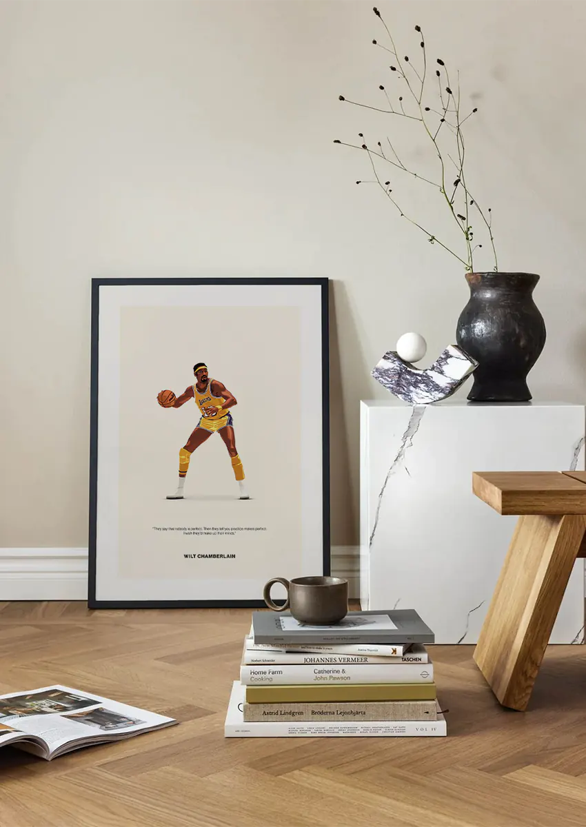 Vintage NBA artwork featuring Wilt Chamberlain in yellow uniform