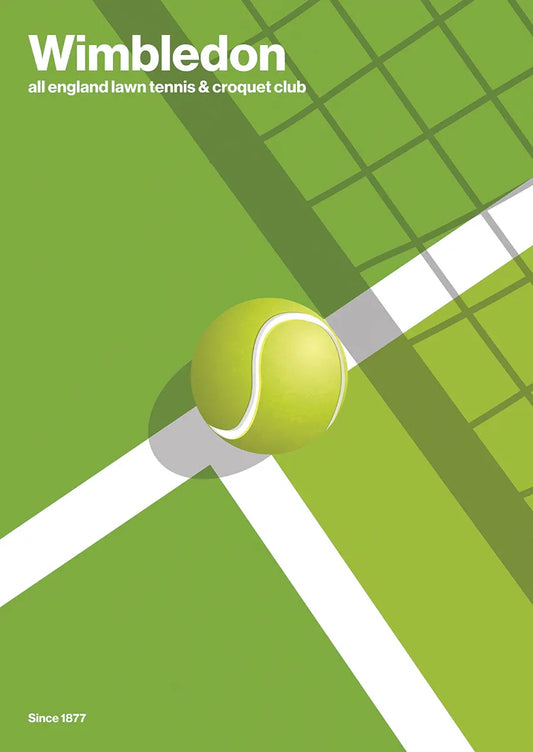 wimbledon tennis poster with ball on green grass court