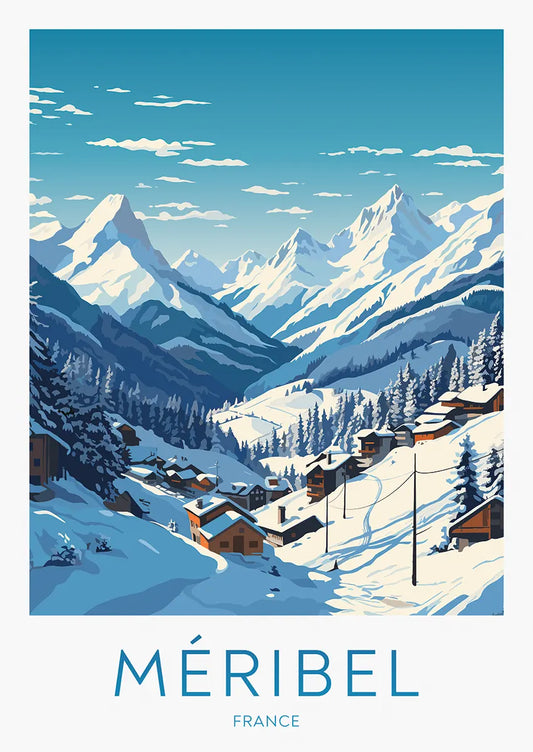meribel travel poster with ski slopes and french alps mountain village