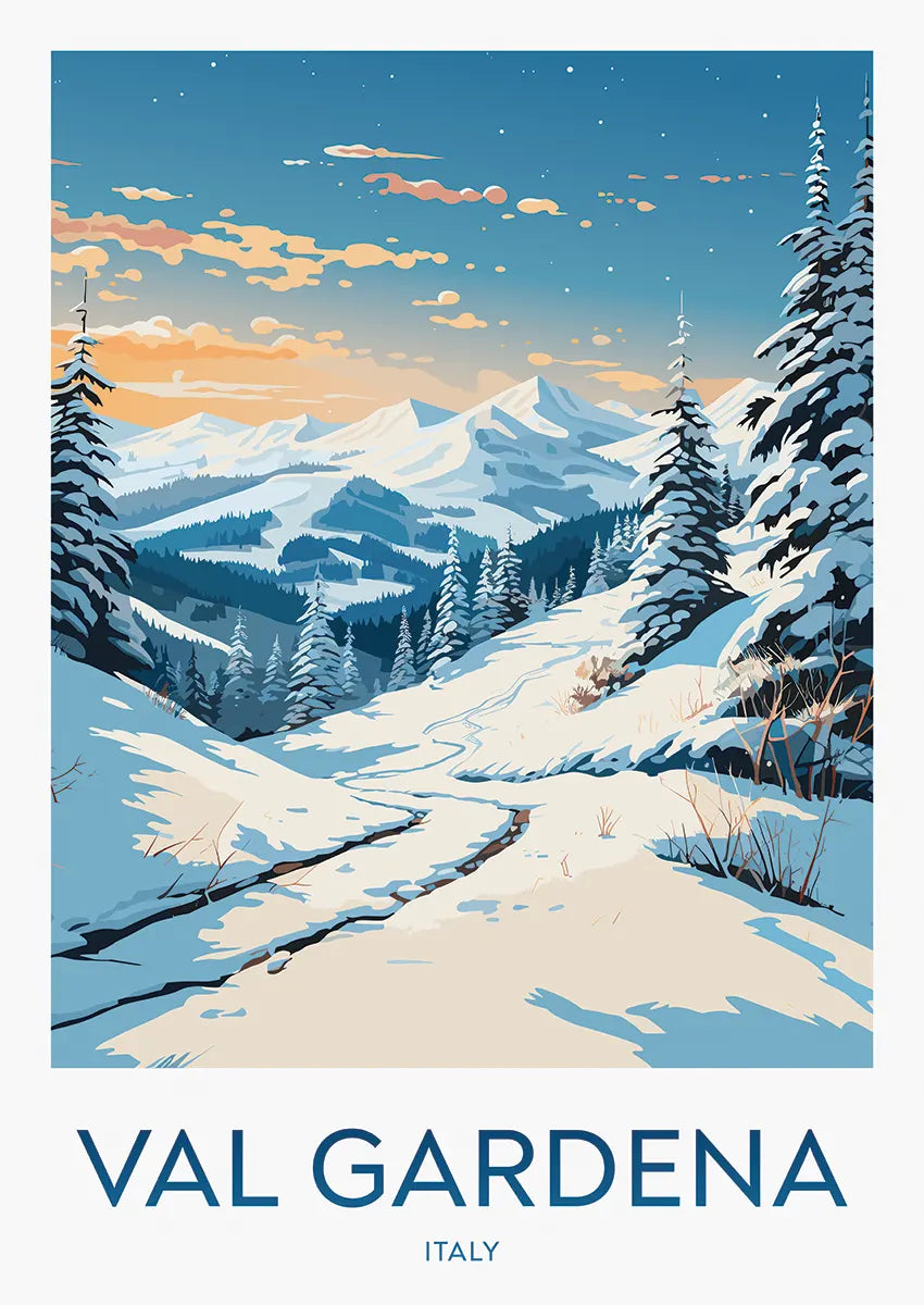 Val Gardena Italy poster with snowy mountain trail and Dolomites