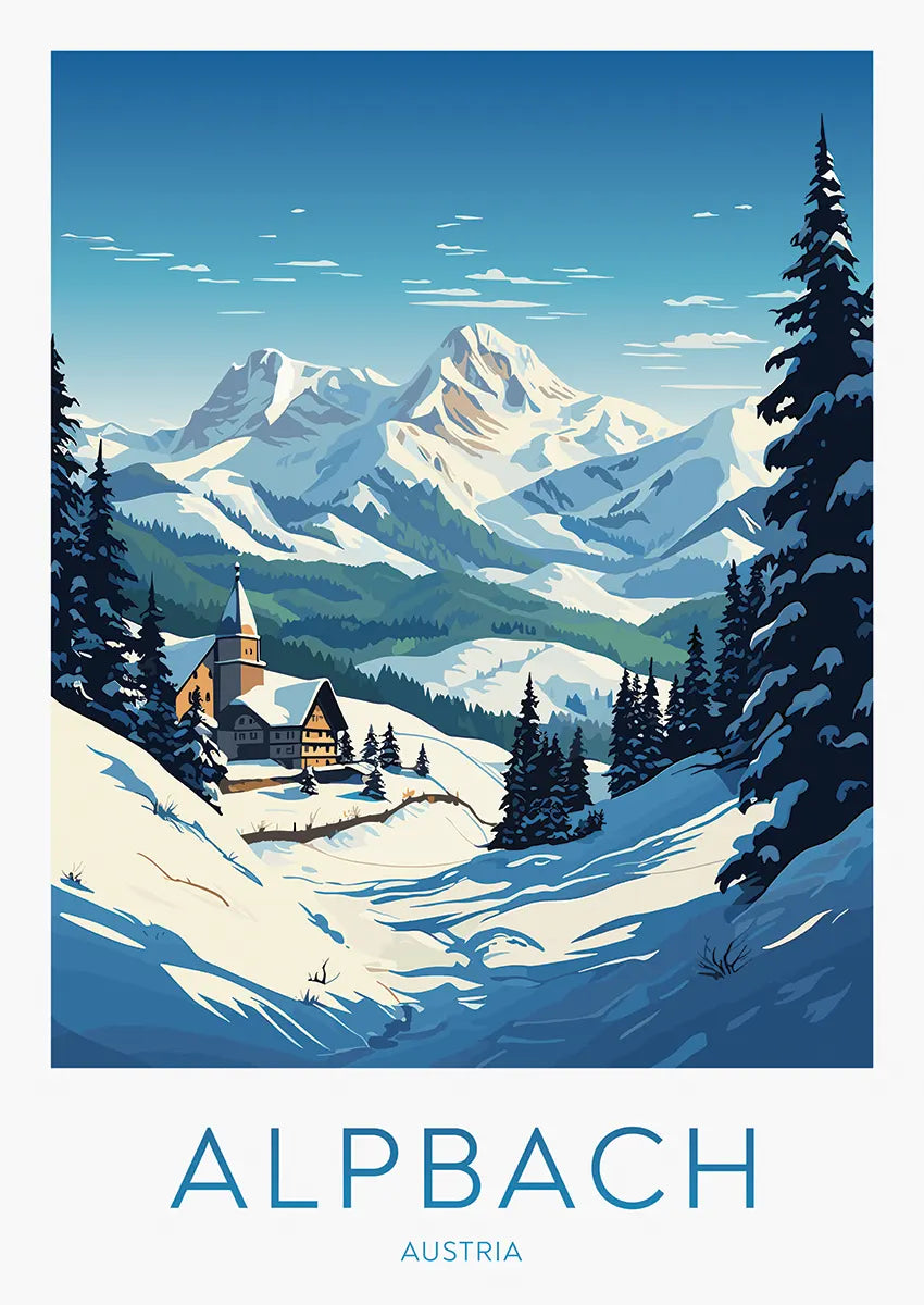 Alpbach Austria travel poster with snowy alpine village and mountains