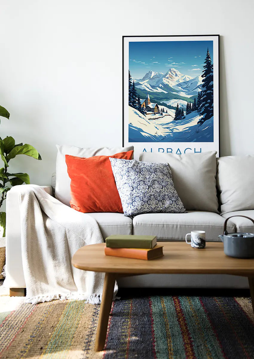 Winter wall art print of Austrian Alps and pine trees
