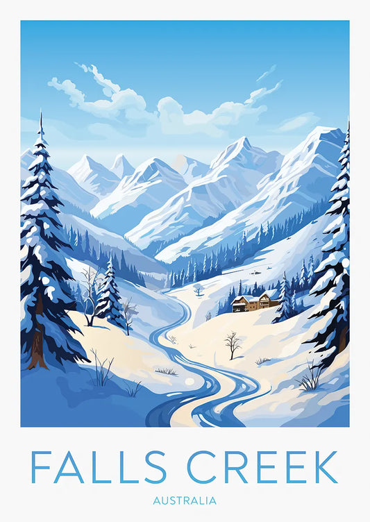 Falls Creek ski poster with snowy mountain trail and alpine trees
