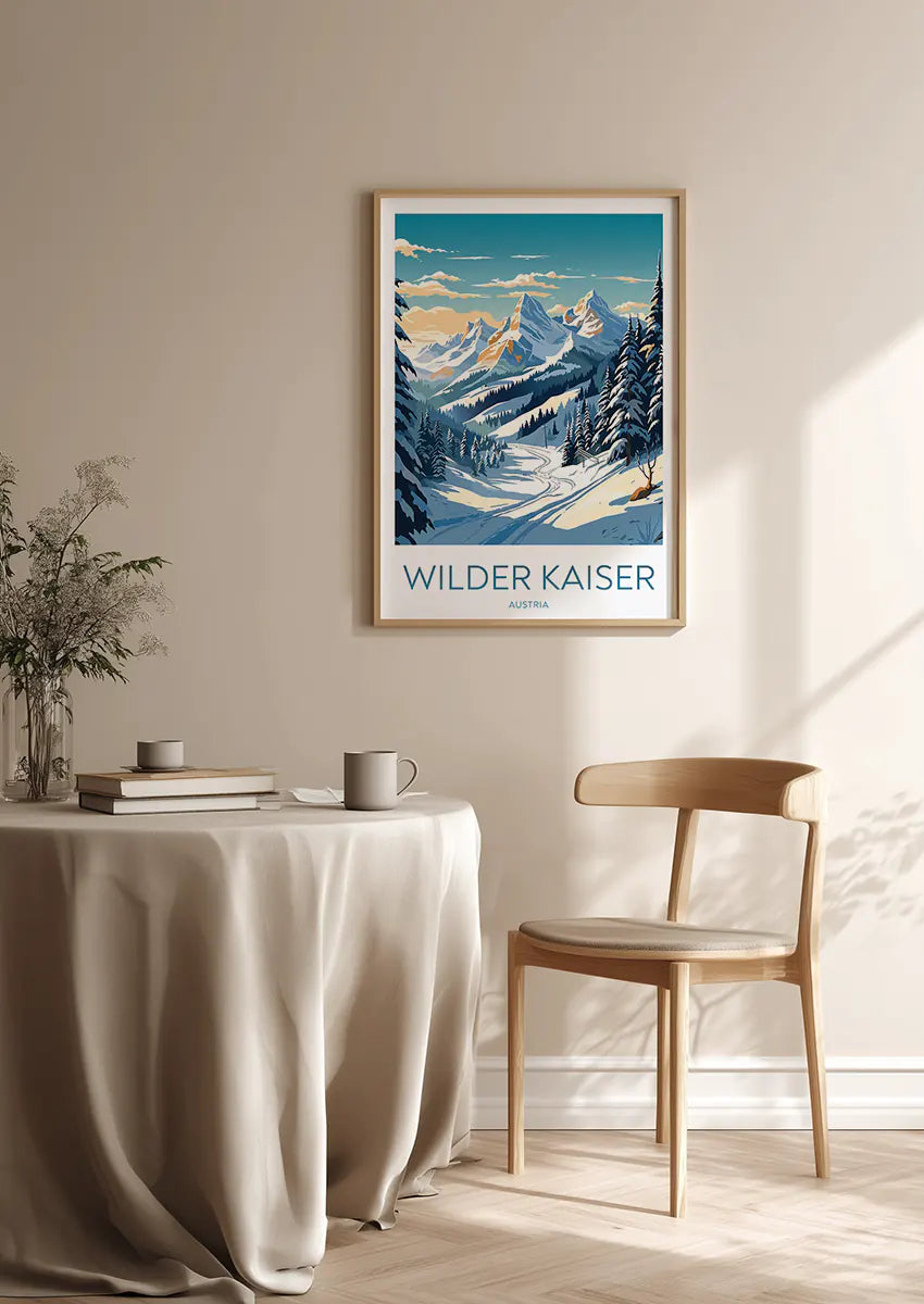 vintage style Austrian mountain print with snowy trail