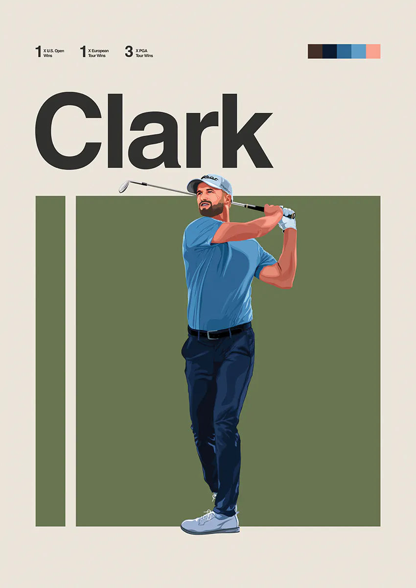 Wyndham Clark poster with confident golf swing in blue shirt