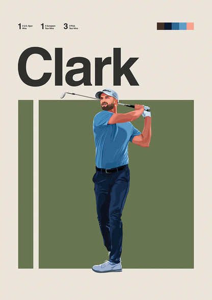 Wyndham Clark poster with confident golf swing in blue shirt