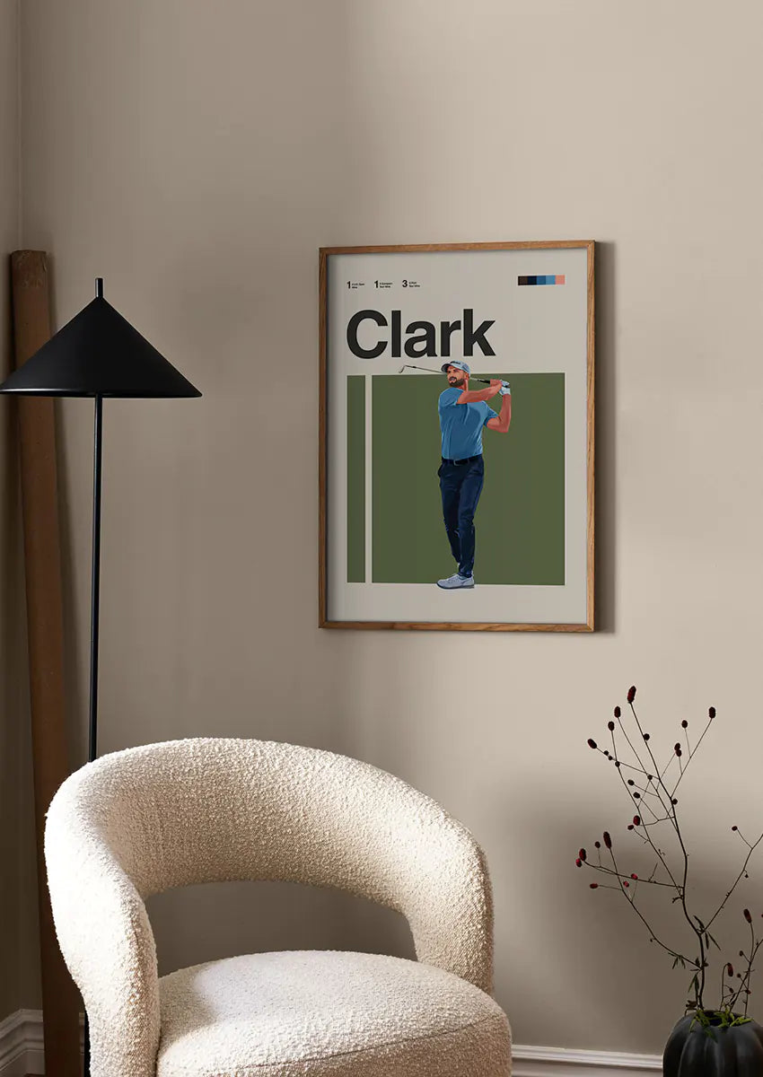 Golf wall art of Wyndham Clark in cool-toned modern illustration