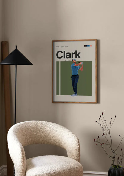 Golf wall art of Wyndham Clark in cool-toned modern illustration