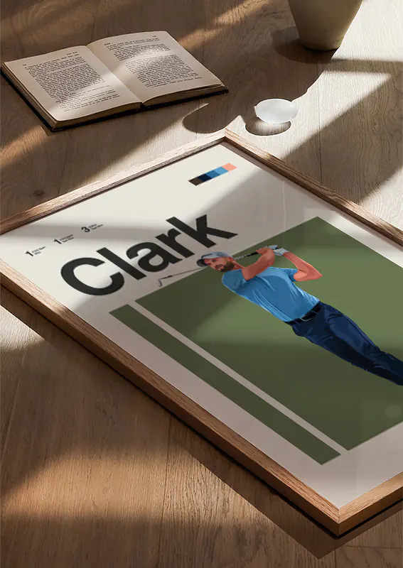 Modern sports poster featuring Wyndham Clark mid-swing