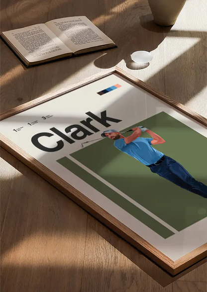 Modern sports poster featuring Wyndham Clark mid-swing