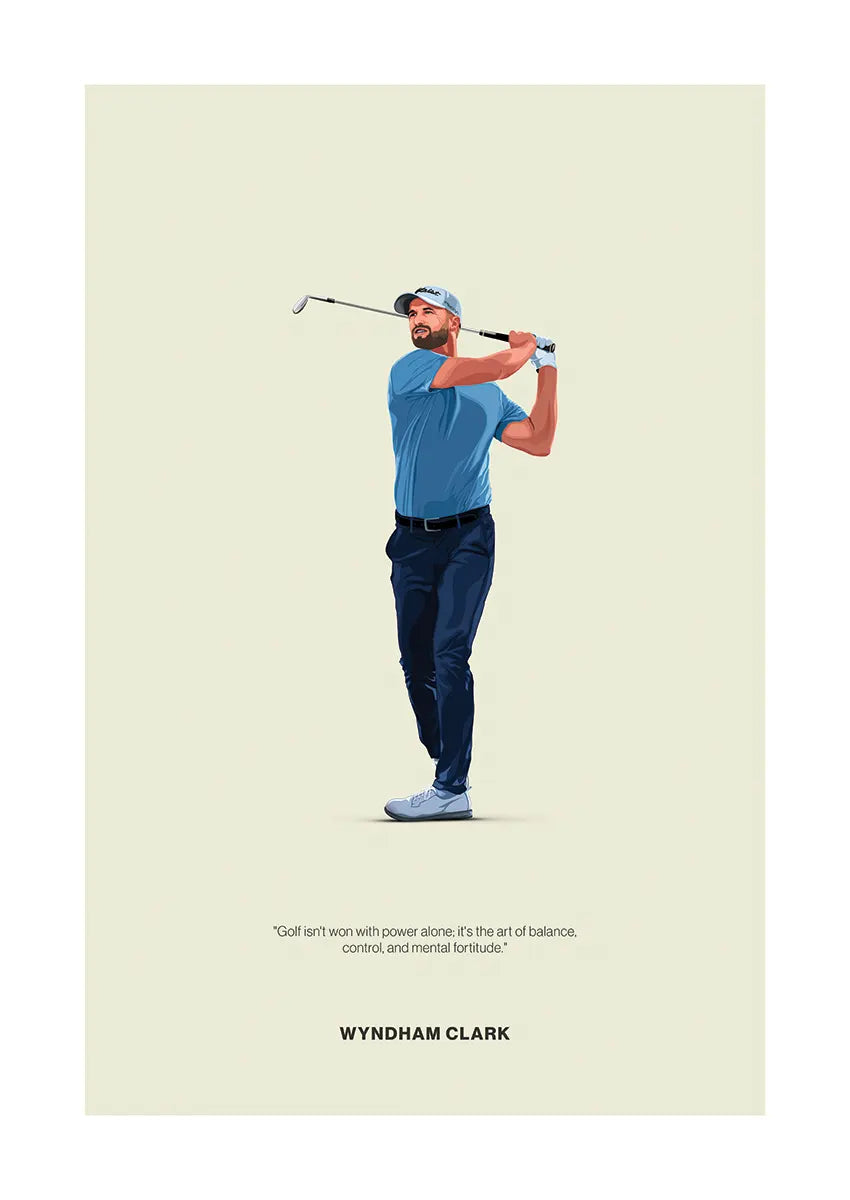 Wyndham Clark golf poster with quote about balance and control
