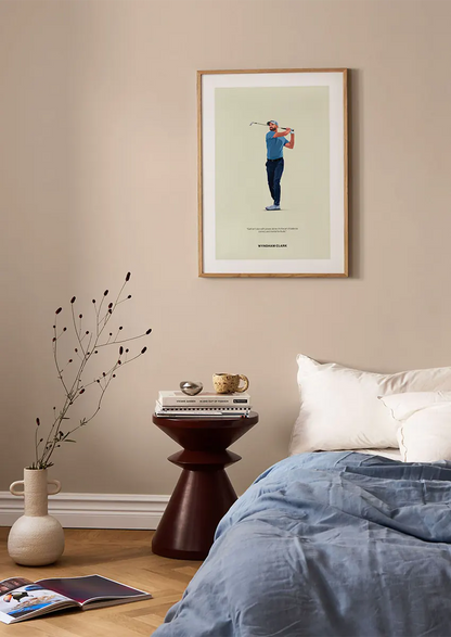 Inspirational blue-themed wall art of Wyndham Clark mid-swing