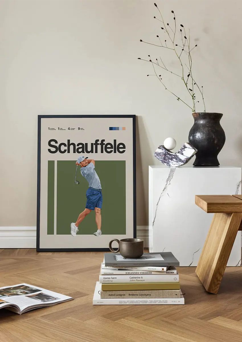 Golf wall art of Xander Schauffele in blue shorts and light polo
