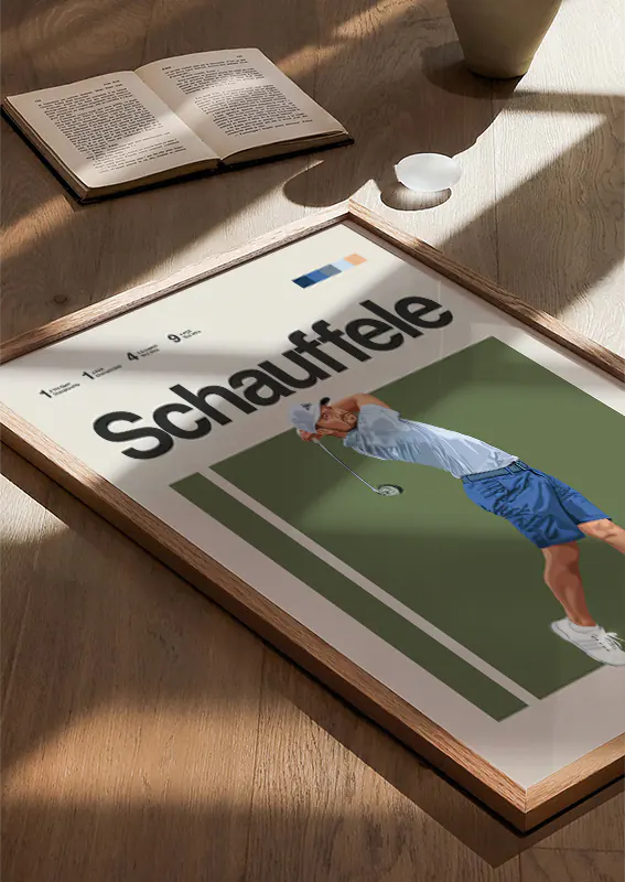 Minimalist sports poster featuring Xander Schauffele mid-swing