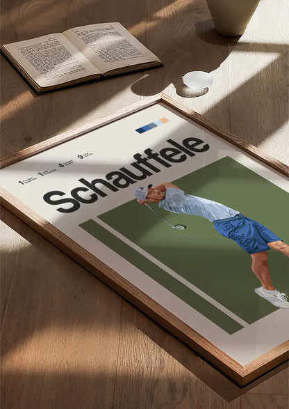Minimalist sports poster featuring Xander Schauffele mid-swing