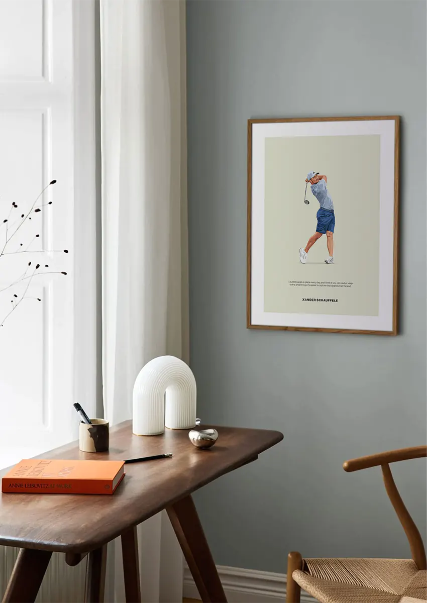 Modern golf wall art in blue and grey featuring Xander Schauffele swing
